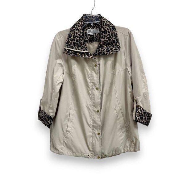 JM Collection Women Windbreaker Rain Jacket Hooded Drawstring Cheetah Print - Picture 2 of 13